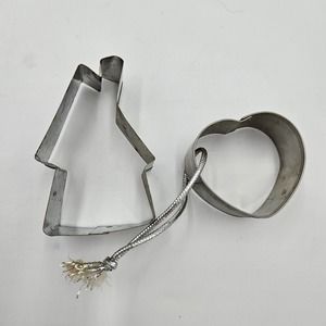 Vintage Lot of 2 Tin Cookie Cutters Primitive House with Chimney & Heart